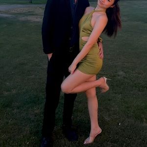 Oh Polly green satin mini dress